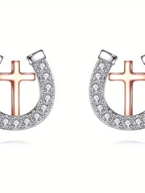 Rose Gold Cross & Silver Horseshoe Stud Earrings